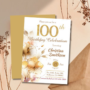 Golden Bloom floral elegant modern 100th Birthday Invitation