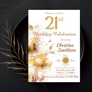 Golden Bloom - floral elegant modern 21st Birthday Invitation
