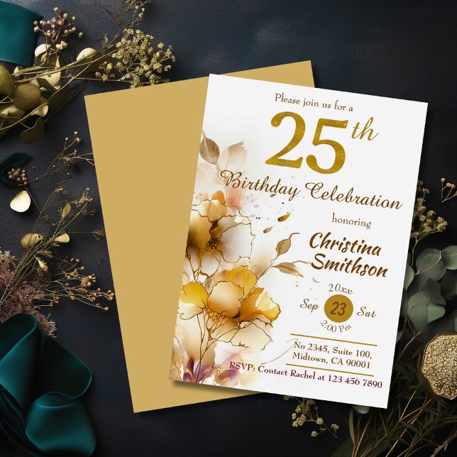 Golden Bloom - floral elegant modern 25th Birthday Invitation (Creator Uploaded)
