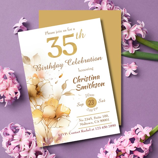 Golden Bloom - floral elegant modern 35th Birthday Invitation (Creator Uploaded)