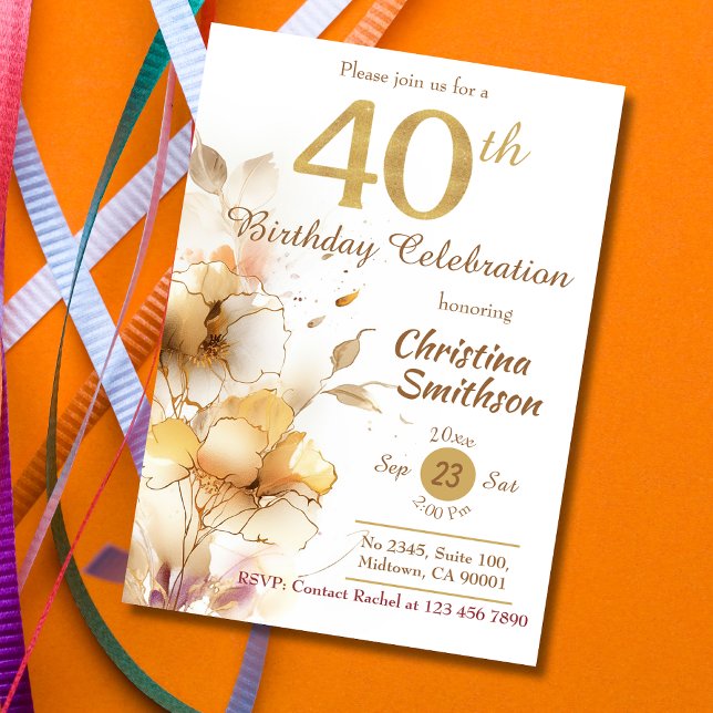 Golden Bloom - floral elegant modern 40th Birthday Invitation (Creator Uploaded)