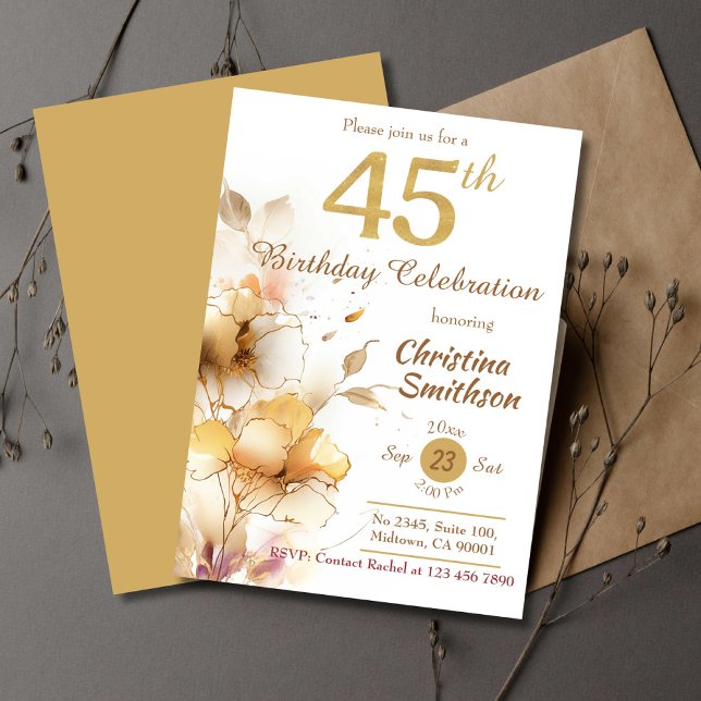 Golden Bloom - floral elegant modern 45th Birthday Invitation (Creator Uploaded)
