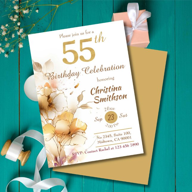 Golden Bloom - floral elegant modern 55th Birthday Invitation (Creator Uploaded)