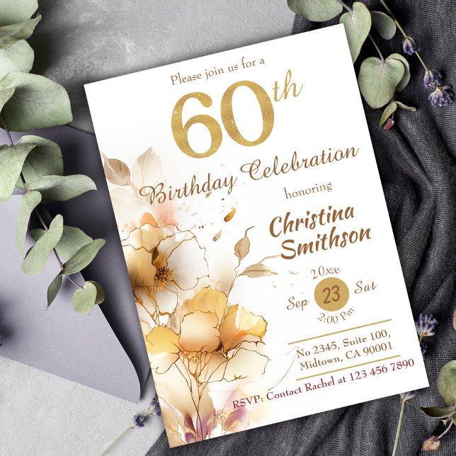 Golden Bloom - floral elegant modern 60th Birthday Invitation (Creator Uploaded)