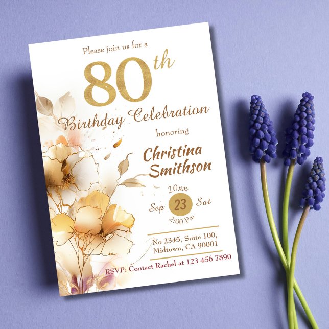Golden Bloom - floral elegant modern 80th Birthday Invitation (Creator Uploaded)