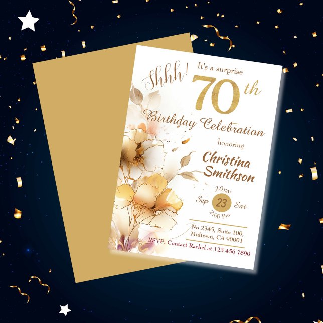 Golden bloom floral elegant surprise 70th Birthday Invitation (Creator Uploaded)