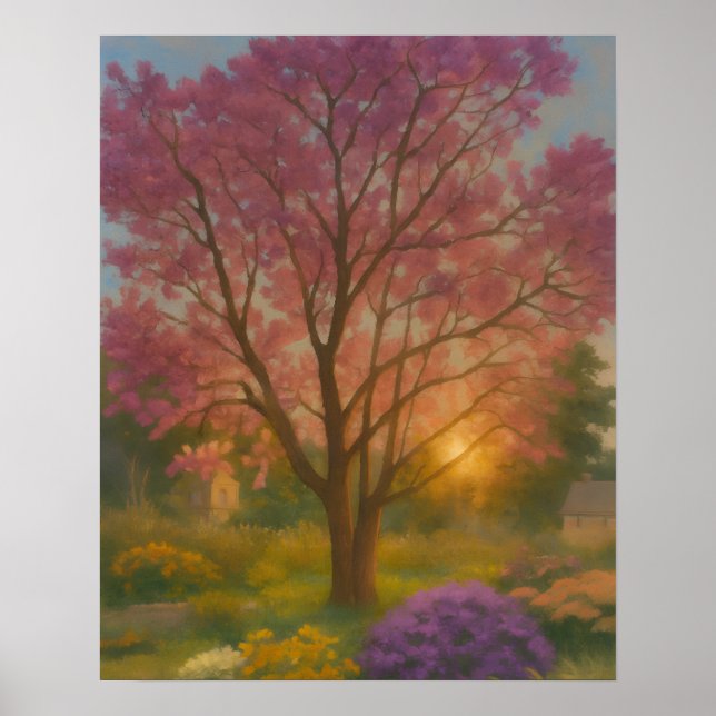 Golden Bloom – Sunset Garden Painting Poster (Front)