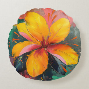 Golden Bloom – Vibrant Abstract Floral Expression Round Cushion