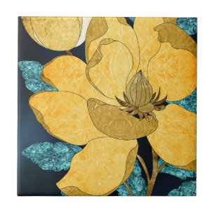 Golden Bloom with Teal Leaves Abstract Floral Ceramic Tile