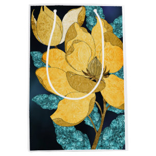 Golden Bloom with Teal Leaves Abstract Floral Medium Gift Bag