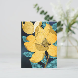 Golden Bloom with Teal Leaves Abstract Floral Postcard