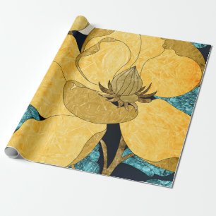 Golden Bloom with Teal Leaves Abstract Floral Wrapping Paper