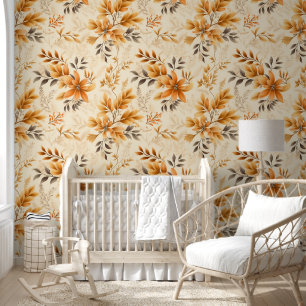 Golden Blooms and Leaves Wallpaper