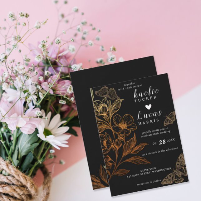 "Golden Blooms Of Love" | Black Wedding Invitation (Creator Uploaded)