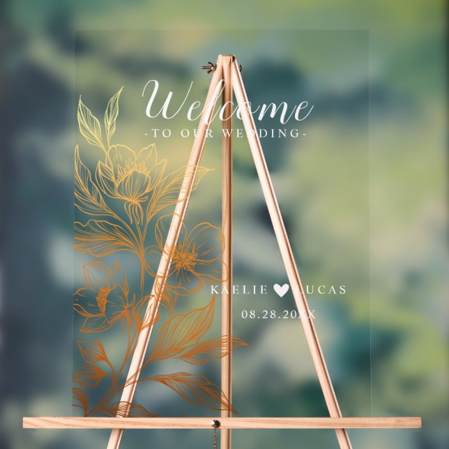 "Golden Blooms Of Love" | Black Wedding Welcome Acrylic Sign (Neutral)