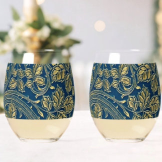 Golden Blossom Elegance  Stemless Wine Glass