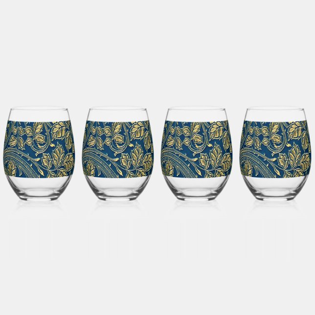 Golden Blossom Elegance  Stemless Wine Glass (Front)