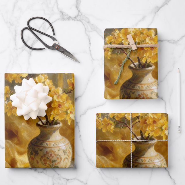 Golden Blossom Vase Wrapping Paper (Front)