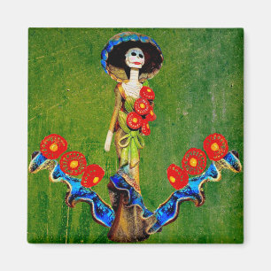 Golden Blue Antique Catrina Over Green Washed Boho Magnet