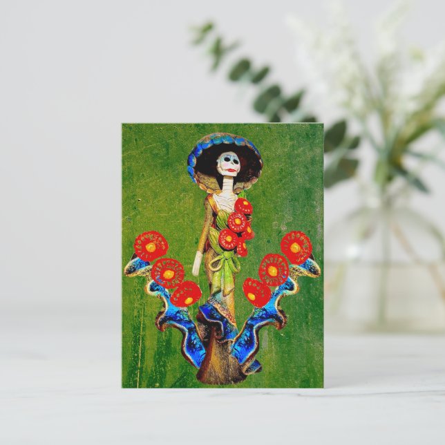 Golden Blue Antique Catrina Over Green Washed Boho Postcard (Standing Front)
