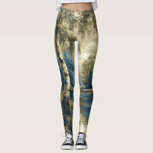 Golden Blue Birch Trees by the Riverside Leggings