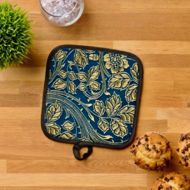 Golden Blue Elegance Pot Holder (Pot Holder Full rubber protection cover no slip silicon hanging loop. )