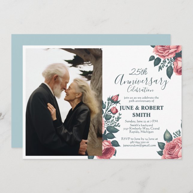 Golden Blue floral 25th wedding anniversary Invitation (Front/Back)