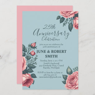 Golden Blue floral 25th wedding anniversary Invitation
