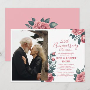 Golden Blue floral 25th wedding anniversary Invitation