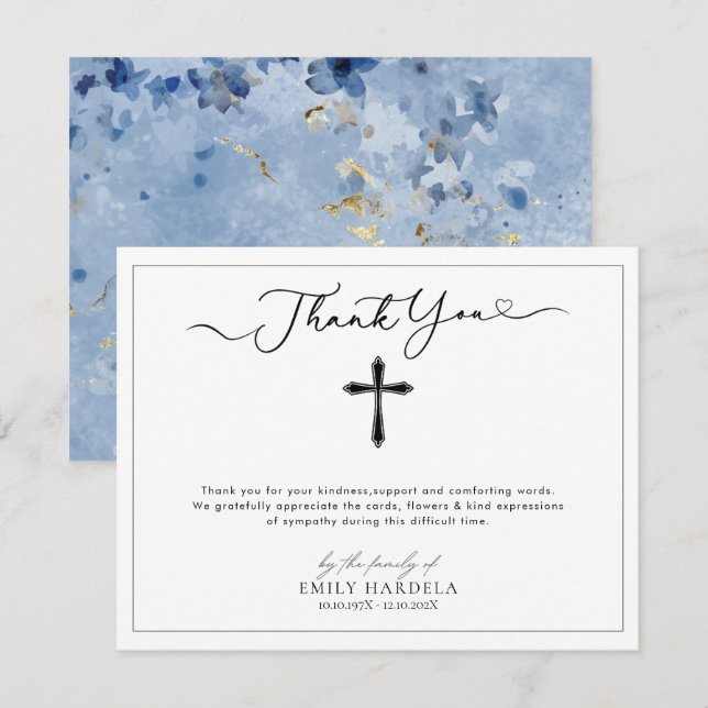 Golden Blue Floral Funeral Script Thank You Card (Front/Back)