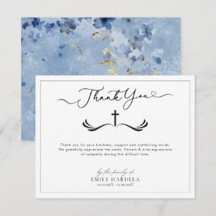 Golden Blue Floral Memorial Thank You Card 