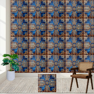 Golden Blue Greek Key Pattern Tile