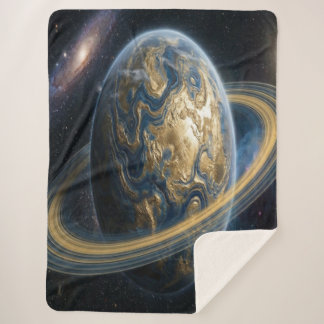 Golden Blue Planet with rings Sherpa Blanket