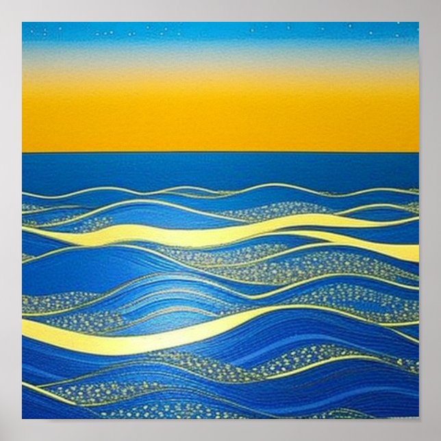 Golden Blue Waves at Sunset Poster (Front)