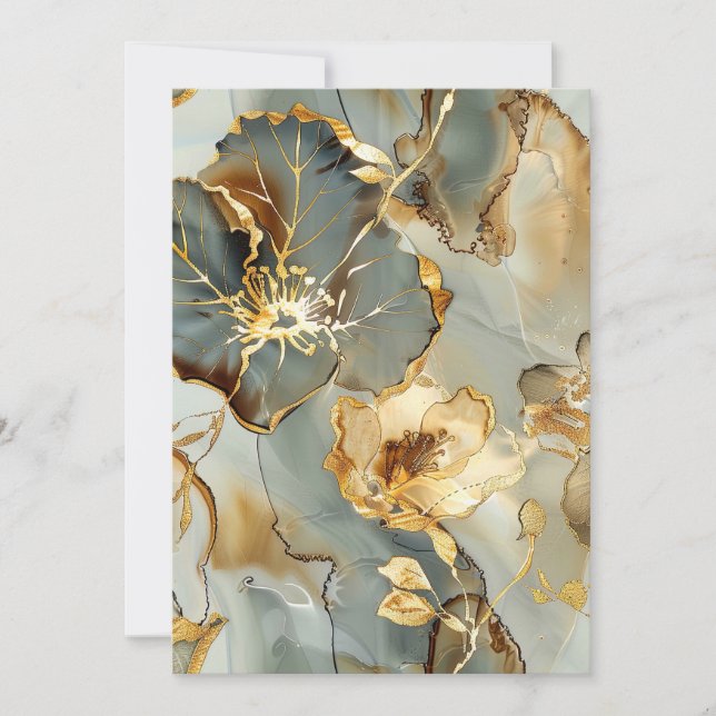 Golden Blues Grays Ink Floral Watercolor Invitation (Front)