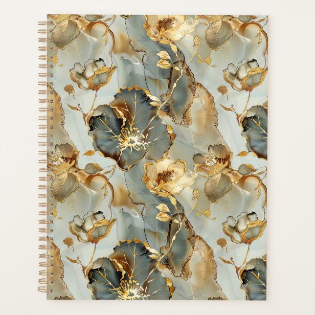 Golden Blues Grays Ink Floral Watercolor Planner (Front)