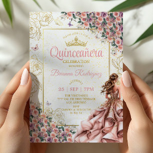 Golden Blush Pink Roses Quinceañera  Invitation
