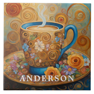 Golden Boho Coffee Floral Ceramic Tile