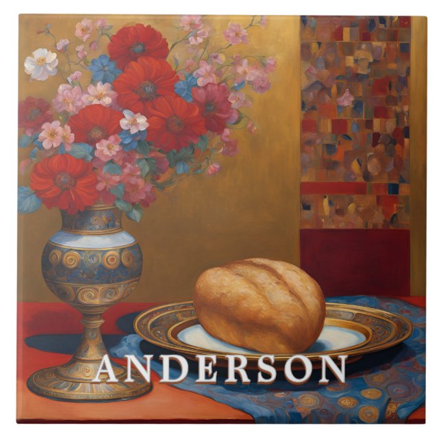 Golden Boho Flower Vase Still Life Ceramic Tile (Front)