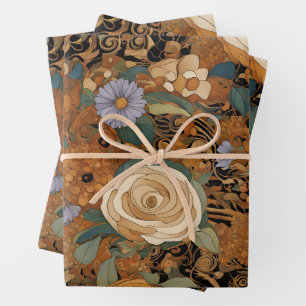 Golden Boho Garden Floral Wrapping Paper Sheet