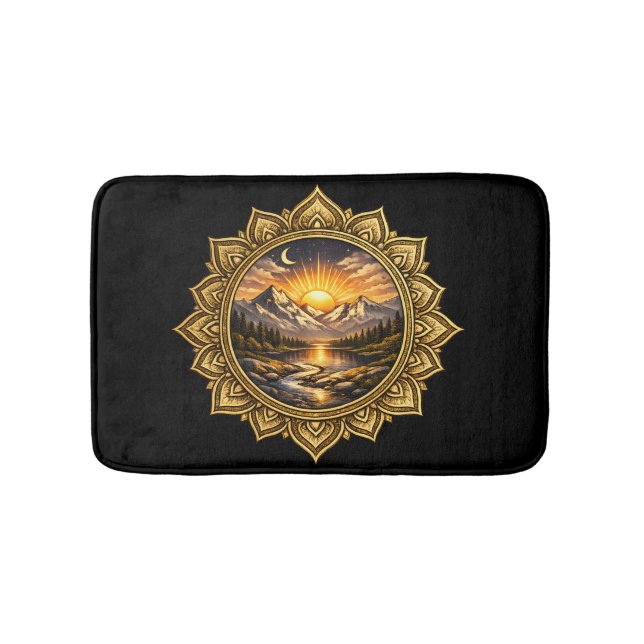Golden Boho Mandala Mountain Sunset Art | Black Bath Mat (Front)