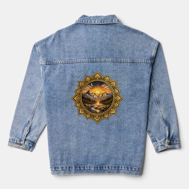 Golden Boho Mandala Mountain Sunset | Boho Sun Art Denim Jacket (Back)