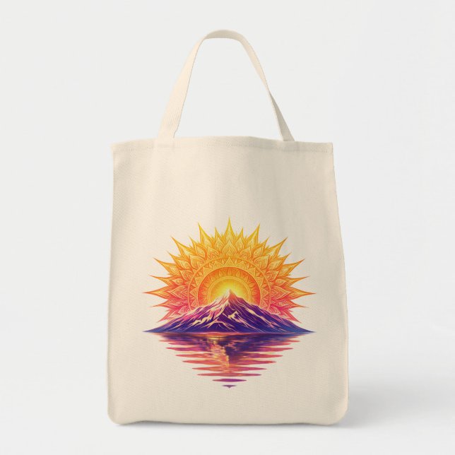 Golden Boho Mandala Sun Mountain Sunset Reflection Tote Bag (Front)
