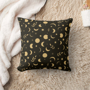 Golden Boho Moon Phases Pattern on Black  Cushion