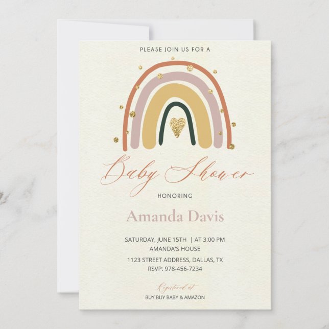 Golden Boho Rainbow Baby Shower Invitation (Front)