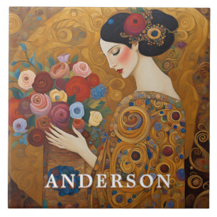 Golden Boho Woman Floral  Ceramic Tile