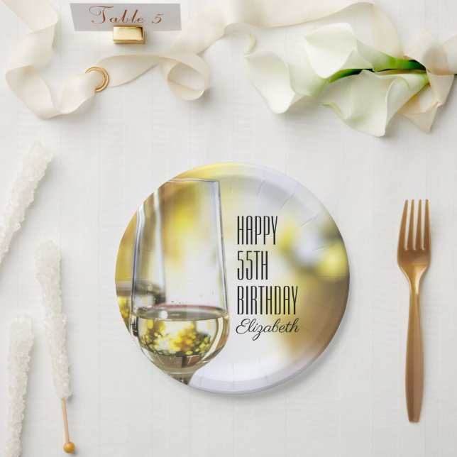 Golden Bokeh Elegant 55th Birthday Wine Glass Paper Plate (Wedding)