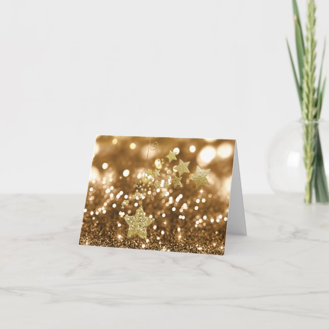 Golden Bokeh Faux Glitter & Stars Holiday Card (Front)