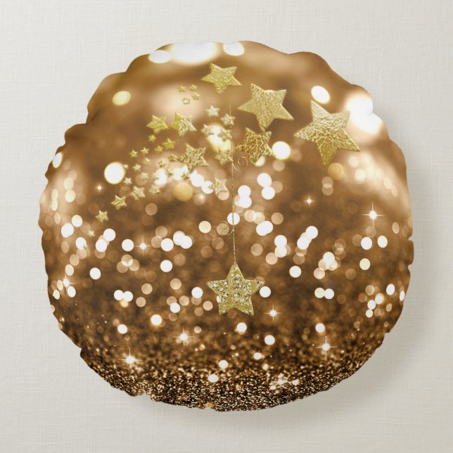 Golden Bokeh Faux Glitter & Stars Round Cushion (Front)