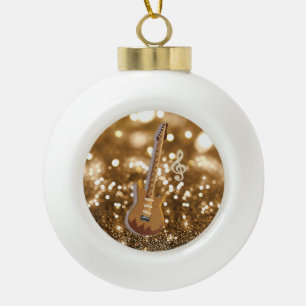 Golden Bokeh Guitar Ceramic Ball Christmas Ornament